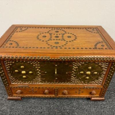 Intricate Carved Wooden Chest w/ Brass Accents	