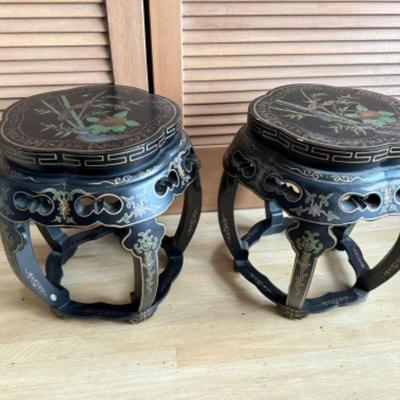 Pair of Vintage Asian Style Side Tables w/ Bird & Flower Design	