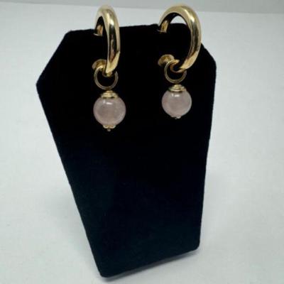 ﻿14K Gold Hoop Earrings w/ Rose Quartz Attachments	