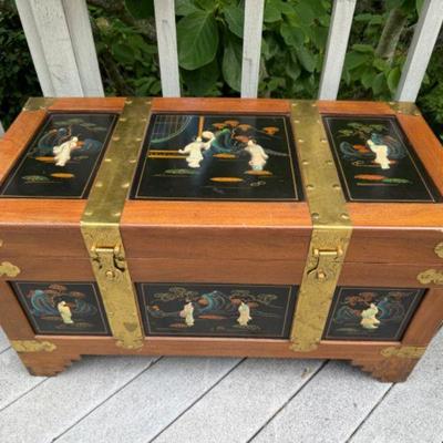 Chinese Hand Painted Wood & Brass Chest	