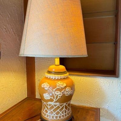 Oversized Mid-Century Ceramic Yellow & White Temple Jar Shape Lamp	