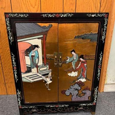 Hand-Painted Asian Shoe Cabinet w/ Figures & Landscape Design	
