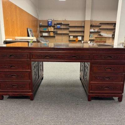 Intricately Carved Rosewood Desk w/ Flower & Bird Design & Glass Top	