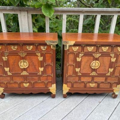 Pair of Traditional Korean-Style Storage Chests in Rich Wood Tones	