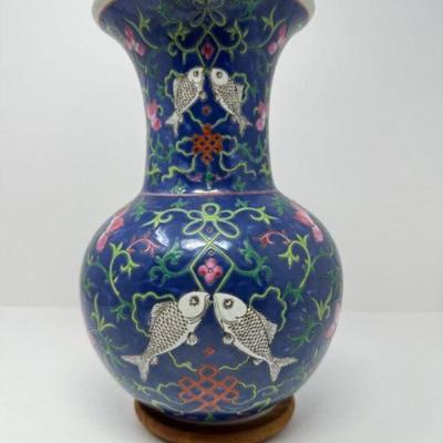 Enameled Ceramic Hand Painted Trumpet Vase w/ Fish and Floral Design	