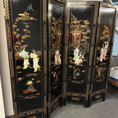Asian Lacquer Four-Panel Folding Screen w/ Carved Stone Women #2	