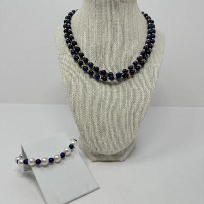 32" Blue Lapis & 14kt Gold Necklace + Pearl/Blue Lapis & 14K Bracelet	