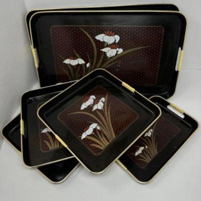 Vintage Lacquerware Lily Flower Tray Set w/ Gold Sparkly Flecks	