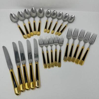 25pcs Laslo Yamazaki Stainless Steel Flatware Set w/ Black Gold Accent	