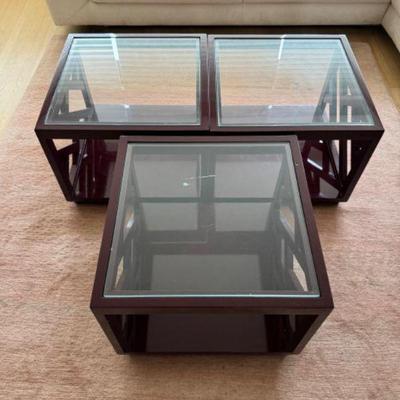 Side Tables In Deep Burgundy Color w/ Geometric Design & Glass Top	