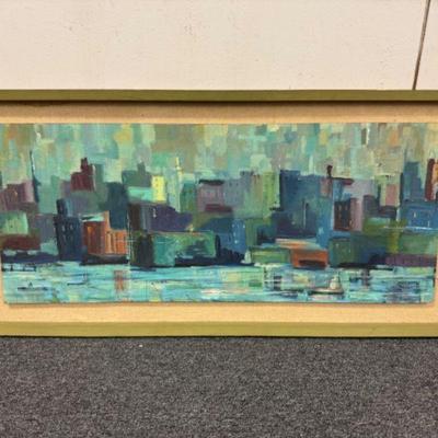 Original Mid Century Painting by Mabel Pletz : "Waterfront" - Signed	