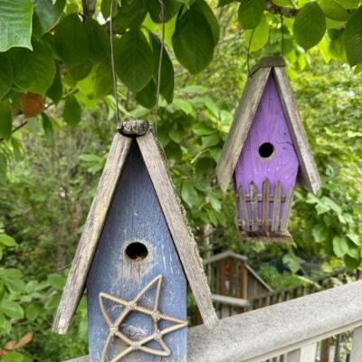 Charming Wooden Birdhouses w/ Star Accent & Weathered Paint	