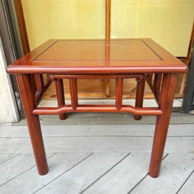 Oriental-Style Small Table w/ Pillar Legs & Geometric Inlays	
