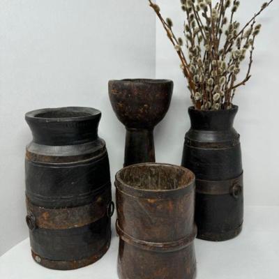 Antique Rustic Indian Wooden Vessels w/ Metal Accents + Candleholder 	