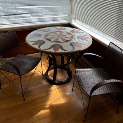 Stone Top Table w/ Colorful  Geometric Patterns & Metal Base + Chairs	