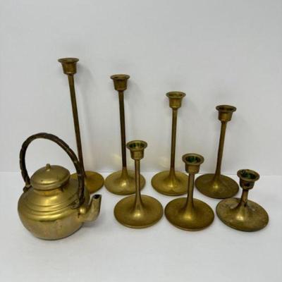 Solid Brass Teapot & Candlestick Set	