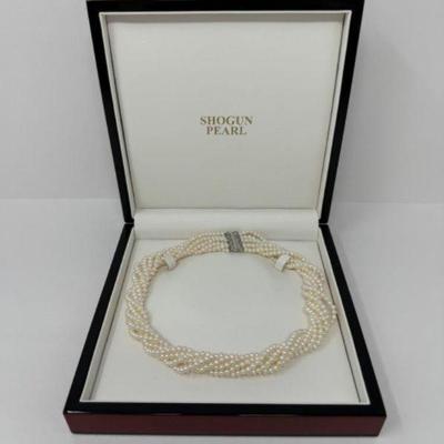 Shogun Multi-Strand Pearl Necklace w/ Silver Clasp + Red Lacquer Box	