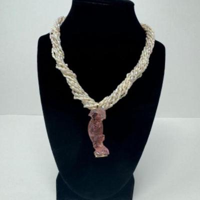 Rice Pearls & Carved Pink Tourmaline Bird Pendant w/ 14k Gold Accents	
