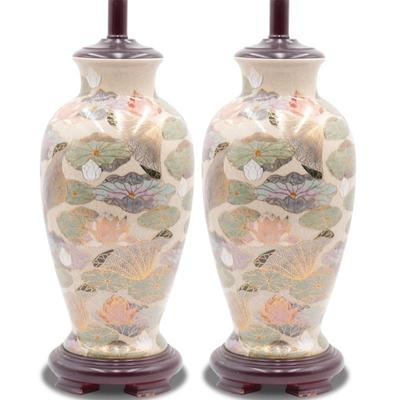 Pair of Gilded Porcelain Lotus Flower Table Lamps w/ Medallion Finial