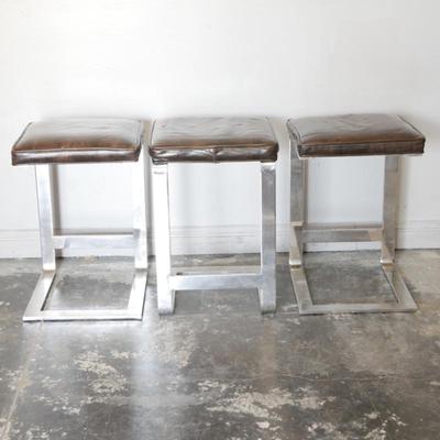 Lot Of 3 Milo Baughman Cantilevered Chrome Bar Stools 1970s