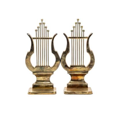 Pair of MCM Brass Musical Lyre Harp Bookends
