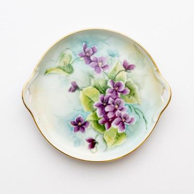 Hand Painted Golden Rimmed Purple Flowers Decorative Plate