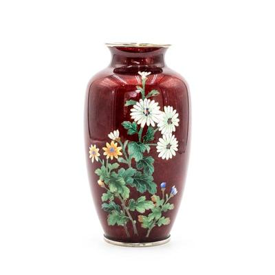 Vintage Sato Cloisonné Japanese Red Vase w/ Flower Design