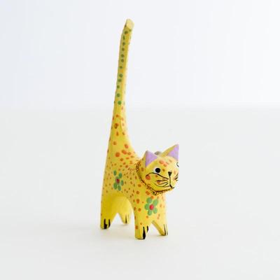 Wooden Floral Miniature Cat Figurine Ring Holder