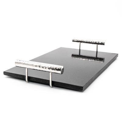 Black Stone Silver-Colored Handle Serving Tray
