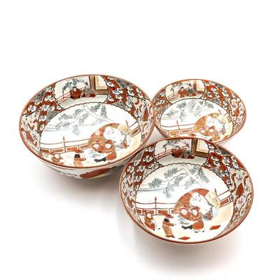 Kutani 3 Japanese Hand-Painted Porcelain Signed Bowls