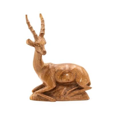 Hand-Carved Wood Sitting Gazelle Sculpture