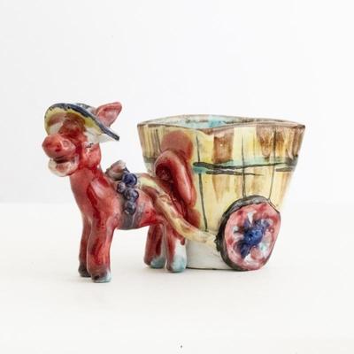 Vintage Italian Hand-Painted Colorful Pottery Donkey Cart Planter