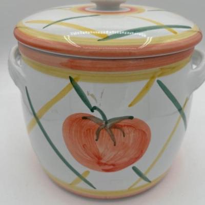 42 potterybarnsunnysidebeanpotcookiejarwithlidtomatoceramic