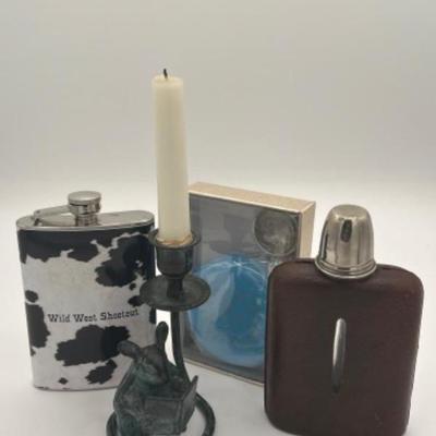 76 mousereadingbookcastmetalcandlestickholderfauxleathercovered