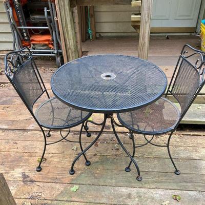 (3pc) Patio Set | Iron Table with a mesh pattern and two chairs, painted black. - h. 28.75” x dia. 30” in (Table)