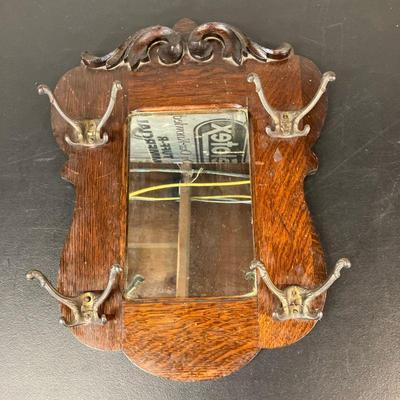 Oak Wall Mirror | Antique coat and hat hanging rack with mirror. Nice oak graining with brass-tone iron hooks. - h. 22” x w. 3.75” x l....