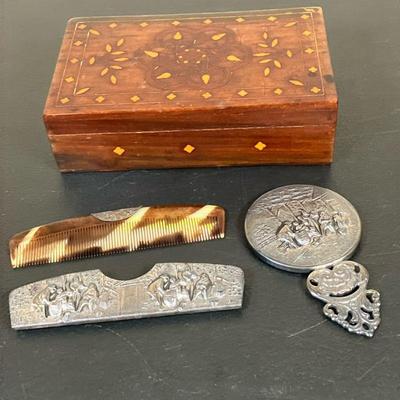 (3pc) Hans Jensen Denmark Vanity Set | Vintage Silver Plate Pocket Mirror and Faux Tortoise Shell Comb with case. Marked “Denmark” with a...