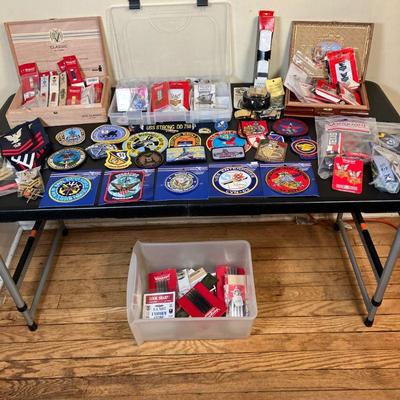Navy Patches-Pins-Ribbons | Very Large Lot of US Navy Memorabilia. Unusual patches and pins, Service ribbons, belts and buckles, Uniform...