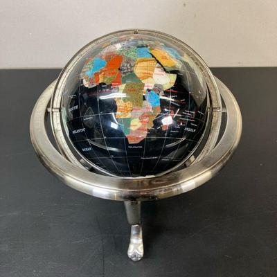 World Armillary Globe | Specimen Gem Stone Globe on stand with compass. Inlaid with semi-precious stones. - h. 14” x dia. 12” in

