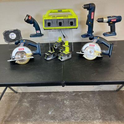 (12pc) Ryobi Cordless Charger & Tools | Lot Includes: 1. Super Charger Model #P135. Charges six 18V batteries at one time. 2. Two (2)...