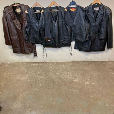 (6pc) Motorcycle Vests & Leather Jackets | Vintage Leather Lot Includes: 1. FMC Black Leather Motorcycle Vest. Well worn, some lining...