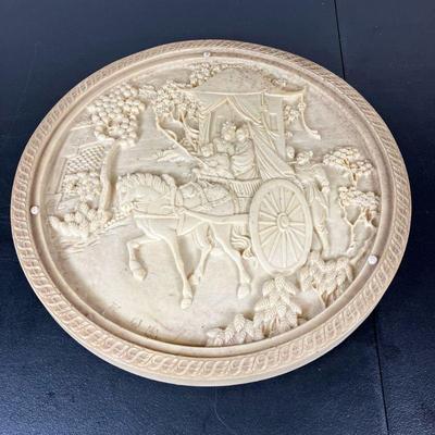 Chinese Plaque | Vintage Composition/Resin round Chinese plaque with carriage and figures. May originally have been a table top with...