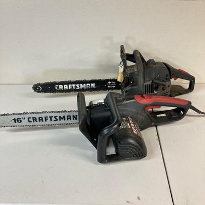 (2pc) Craftsman Chainsaws | Lot Includes: 1. 16” Electric Chainsaw. 2. 18” Gas Chainsaw. - h. 8” x w. 10” x l. 31” in (16” Chainsaw)

