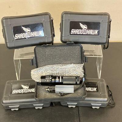 (5pc) Shadowhawk Flashlights | Lot contains five Shadowhawk Telescopic 5 mode Flashlights with the 3 AAA adapter in a hard case. - l....