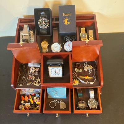 Men’s Watches & Jewellery | Vintage Lot Includes: Valet & Phone Charger with drawers-Watches including Stauer with box, Geneva,...