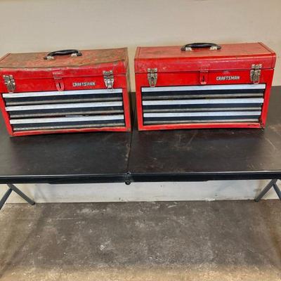 (2pc) Craftsman Tool Chests W/Tools | Two Craftsman three draw tool chests filled with Craftsman Socket sets, wrenches, screwdrivers, and...