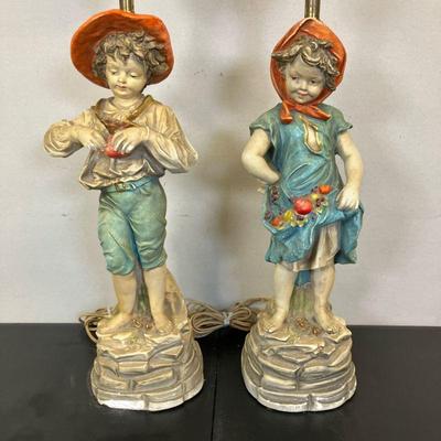 Harvest Time Lamps | Mid Century Chalk Ware Lamps of Boy & Girl gathering fruits. - h. 18” x dia. 6” in (Base diameter. H figure...
