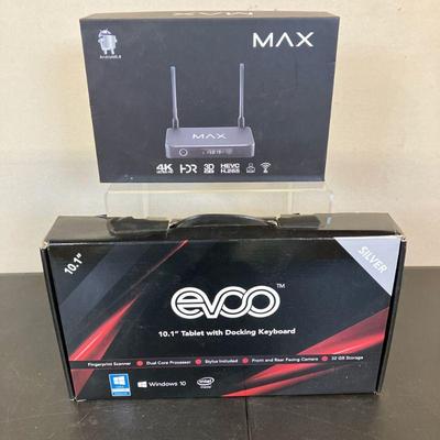 (2pc) Evoo Tablet & MAX Media Player | Both new in box. 1. Evoo 10.1” Tablet with Docking Keyboard. 2. MAX Internet Streaming Media...