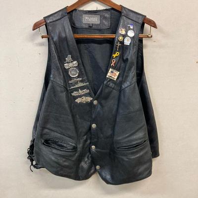 (2pc) Wilson Motorcycle Vests | Two “Wilson’s Leather” Black Vest in XXL. Has Eagle head embossed on back. One has 16 pins including...
