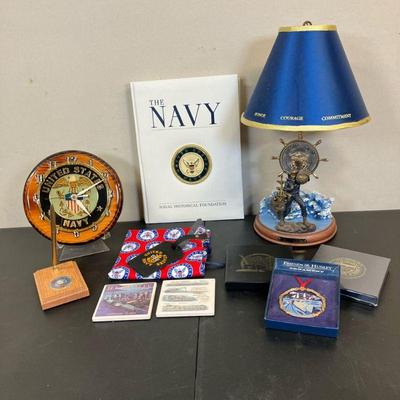 (16pc) Naval Lot w/Lamp | Vintage Misc. Naval Lot Includes: *Bradford Exchange Navy Lamp *US Navy B/0 Clock on laminated wood. *Navy Pen...
